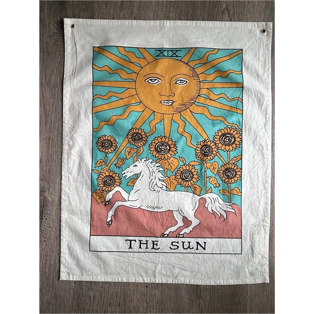 The Sun Tarot Wall Tapestry in Teal, Gold, White